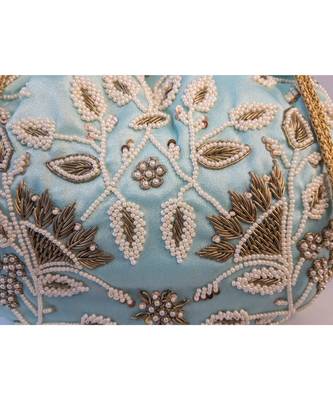 Sea Blue Pearl & Zardozi Work Potli Bag 4