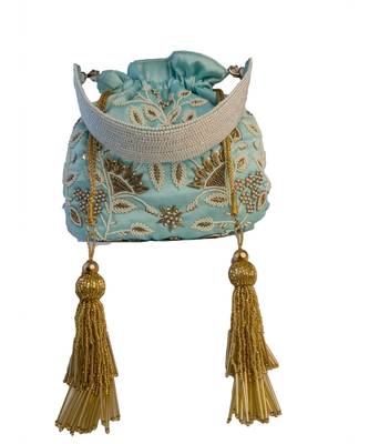 Sea Blue Pearl & Zardozi Work Potli Bag 5