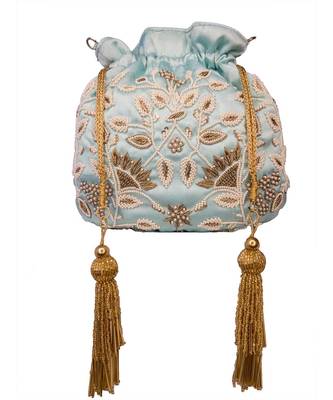 Sea Blue Pearl & Zardozi Work Potli Bag 6
