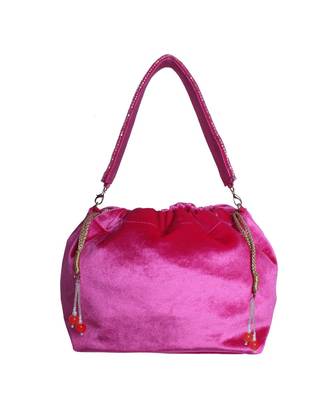 Designer Potli Bag with Zardozi work on Vibrant Pink Velvet 2