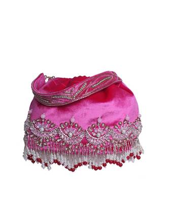 Designer Potli Bag with Zardozi work on Vibrant Pink Velvet 3