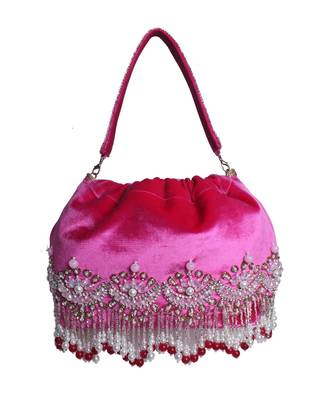 Designer Potli Bag with Zardozi work on Vibrant Pink Velvet 4