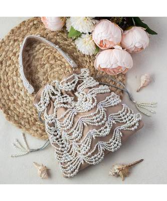 Beige White Pearl Potli Bag 1