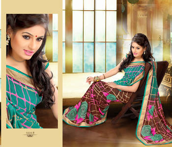 Blue and Brown printed Georgette saree with blouse 1