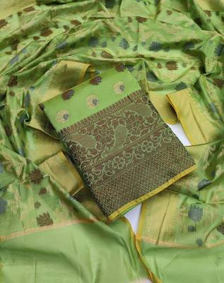 Parrot Green Banarasi Jacquard Unstitched Salwar Suit Material With Innar 1