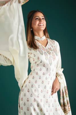 Off White Viscose Acrylic Women Woven Dress Material 1