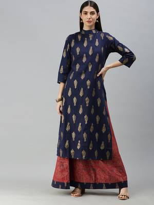 Navy-blue printed cotton party-wear-kurtis 4