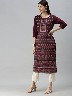 Chocolate Brown Crepe Printed Straight Kurta  4