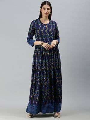 Navy Blue Rayon Foil Printed Anarkali Kurta  1