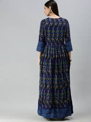 Navy Blue Rayon Foil Printed Anarkali Kurta  2