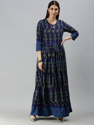Navy Blue Rayon Foil Printed Anarkali Kurta  4