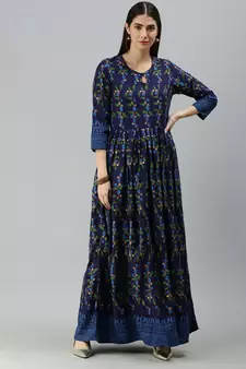 Navy Blue Rayon Foil Printed Anarkali Kurta 