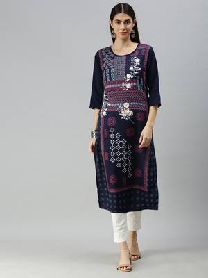 Navy Blue Crepe Printed Straight Kurta  1