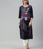 Navy Blue Crepe Printed Straight Kurta 