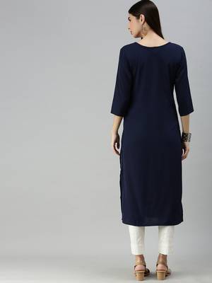 Navy Blue Crepe Printed Straight Kurta  2