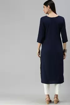 Navy Blue Crepe Printed Straight Kurta 