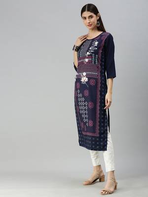 Navy Blue Crepe Printed Straight Kurta  3
