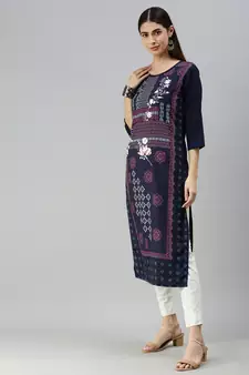 Navy Blue Crepe Printed Straight Kurta 