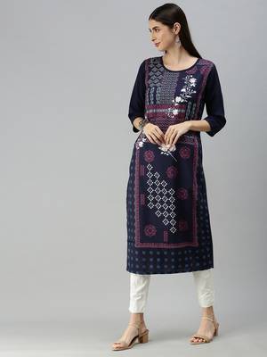 Navy Blue Crepe Printed Straight Kurta  4
