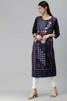 Navy Blue Crepe Printed Straight Kurta 