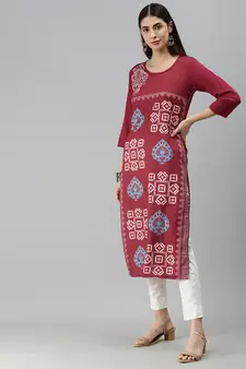 Maroon Crepe Printed Straight Kurta 
