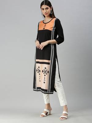 Black Crepe Printed Straight Kurta  3