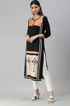 Black Crepe Printed Straight Kurta 