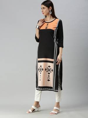 Black Crepe Printed Straight Kurta  4