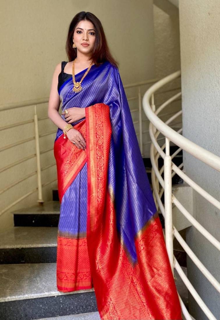 Blue Kanjivaram Soft Pure Silk Saree With Blouse Piece