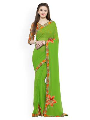 Green embroidered georgette saree with blouse 1