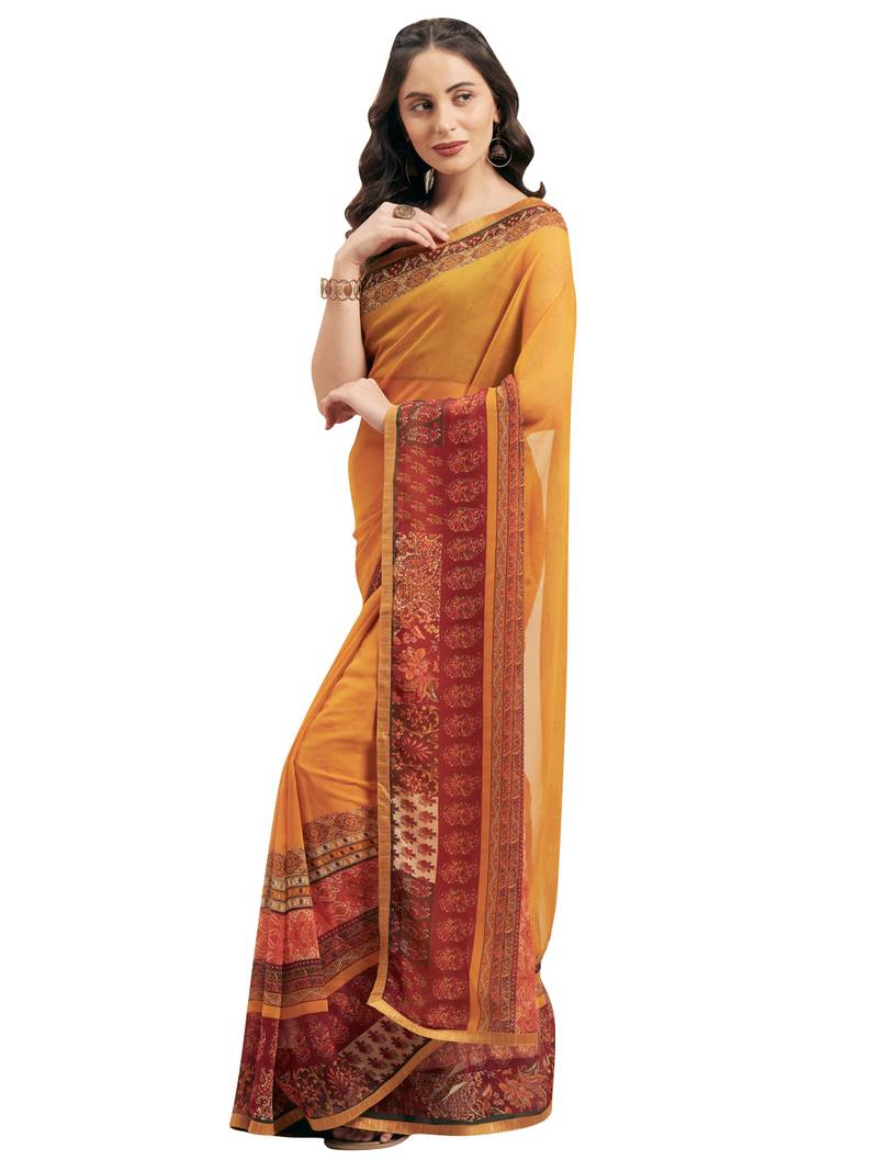 Women's Mustard Georgette Printed Saree