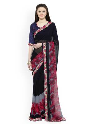Blue printed georgette saree with blouse 3