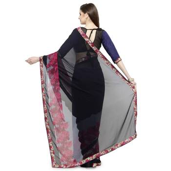 Blue printed georgette saree with blouse 4