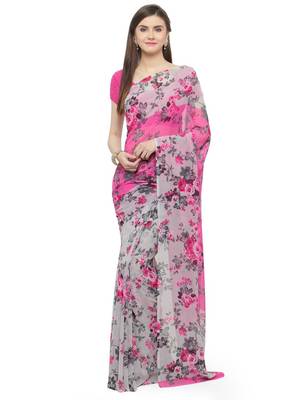 Pink printed georgette saree with blouse 3