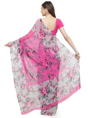 Pink printed georgette saree with blouse 5