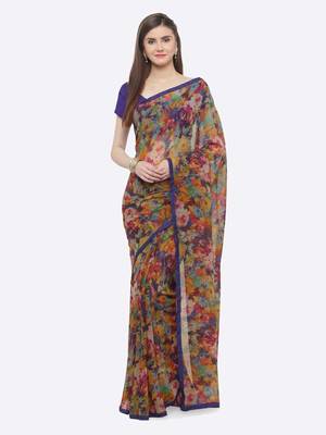 blue printed georgette saree with blouse 1
