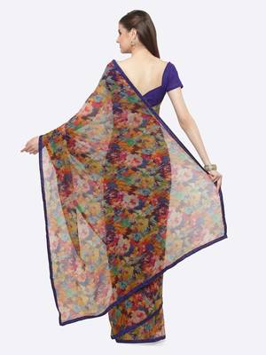blue printed georgette saree with blouse 4