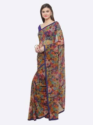 blue printed georgette saree with blouse 6
