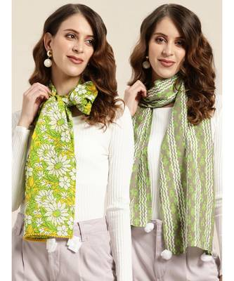 Green Floral & Brown Abstract Print Scarf 1