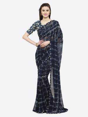 Blue printed georgette saree with blouse 6