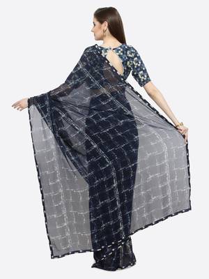 Blue printed georgette saree with blouse 7