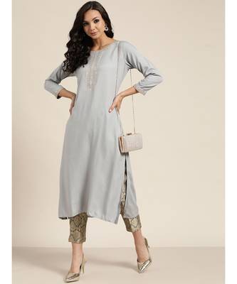 Grey Zari Embroidered Liva Kurta 1