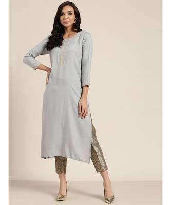 Grey Zari Embroidered Liva Kurta 4