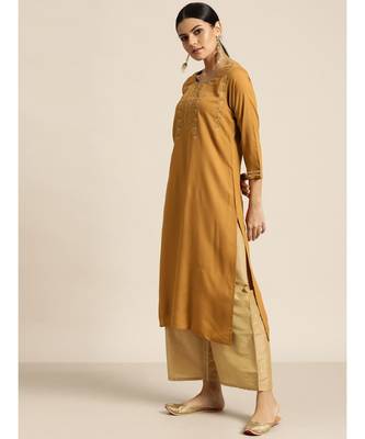 Mustard Zari Embroidered Liva Kurta 2
