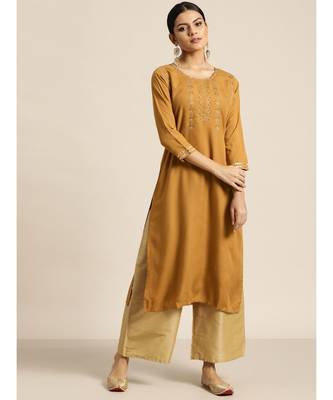 Mustard Zari Embroidered Liva Kurta 4