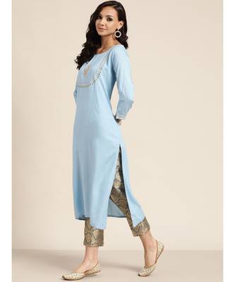 Sea Green Bodice Zari Embroidered Liva Kurta 2