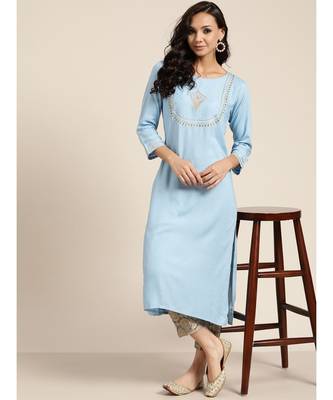 Sea Green Bodice Zari Embroidered Liva Kurta 4