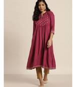 Burgundy Foil Print Yoke Gathered Liva Kurta