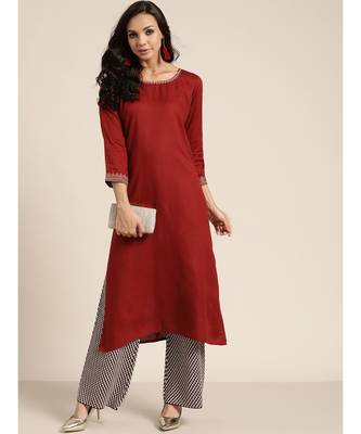 Maroon Zari Embroidered Liva Kurta 1