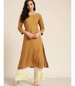 Mustard Neck Zari Embroidered Liva Kurta